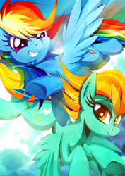 Size: 1358x1920 | Tagged: safe, artist:rariedash, character:lightning dust, character:rainbow dash, species:pegasus, species:pony, cloud, duo, duo female, female, flying, looking at you, mare, rainbow trail, sky, spread wings, underhoof, wings