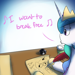 Size: 1200x1200 | Tagged: safe, artist:anticular, character:princess celestia, character:princess luna, species:alicorn, species:pony, ask sunshine and moonbeams, bucktooth, derp, desk, doodle, drawing, female, inkwell, mare, music notes, paper, queen (band), quill, solo, whistling