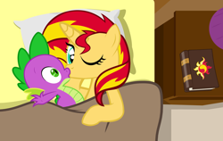 Size: 1500x945 | Tagged: safe, artist:kuren247, artist:sulyo, character:spike, character:sunset shimmer, species:pony, species:unicorn, ship:sunsetspike, bed, book, female, hundreds of users filter this tag, journey book, kissing, looking at you, love, male, shipping, straight, vector edit, wide eyes, wink