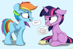Size: 3188x2139 | Tagged: safe, artist:mistydash, character:rainbow dash, character:twilight sparkle, species:pegasus, species:pony, species:unicorn, blank flank, butts, cute, dashabetes, dialogue, female, grammar error, grocers' apostrophe, looking at each other, mare, nose wrinkle, open mouth, simple background, teacup, twilight is not amused, unamused