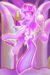 Size: 608x909 | Tagged: safe, artist:mewball, character:twilight sparkle, character:twilight sparkle (alicorn), species:alicorn, species:pony, beaker, clothing, erlenmeyer flask, female, lab coat, levitation, looking at you, magic, mare, science, shirt, smiling, solo