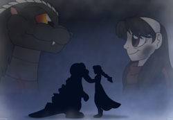 Size: 1210x837 | Tagged: safe, artist:faith-wolff, community related, species:human, fanfic:the bridge, azusa gojo, barely pony related, child, crossover, female, godzilla, godzilla (series), godzilla jr., godzilla junior, growing up, kaiju, male, mother and son, mother's day, smiling