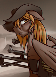 Size: 1024x1408 | Tagged: safe, artist:whitepone, oc, oc only, oc:calamity, species:pegasus, species:pony, fallout equestria, ammunition, battle saddle, bullet, chromatic aberration, clothing, fanfic, fanfic art, gun, hat, male, rifle, solo, stallion, weapon, wings