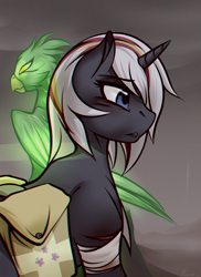 Size: 1024x1408 | Tagged: safe, artist:whitepone, oc, oc only, oc:pyrelight, oc:velvet remedy, species:balefire phoenix, species:phoenix, species:pony, species:unicorn, fallout equestria, bandage, chromatic aberration, fanfic, fanfic art, female, fluttershy medical saddlebag, hooves, horn, mare, medical saddlebag, saddle bag