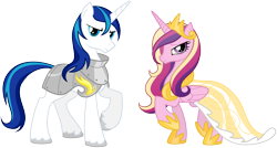 Size: 2700x1450 | Tagged: safe, artist:equestria-prevails, character:princess cadance, character:shining armor, species:pony, armor, artifact, bedroom eyes, clothing, dress, duo, female, frown, glare, jewelry, looking at you, male, mare, raised hoof, regalia, season 2, simple background, smiling, stallion, transparent background, vector