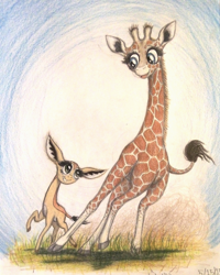 Size: 1072x1342 | Tagged: safe, artist:thefriendlyelephant, oc, oc only, oc:nuk, oc:zeka, africa, animal in mlp form, antelope, big ears, big eyes, duo, dust, gerenuk, giraffe, grass, long legs, long neck, non-pony oc, running, traditional art
