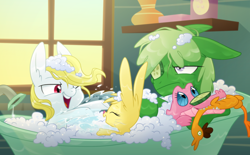 Size: 2300x1430 | Tagged: safe, artist:equestria-prevails, character:angel bunny, character:boneless, character:cheese sandwich, character:fluttershy, character:gummy, character:pinkie pie, species:rabbit, alligator, alternate universe, annoyed, bath, bathtub, bubble bath, bunnified, bunnyshy, claw foot bathtub, cucumber, cucumber pirate, cute, ear fluff, food, frown, gatorfied, gummy pie, happy, one eye closed, open mouth, ponified, ponified pony pets, rubber chicken, smiling, species swap, splashing, window