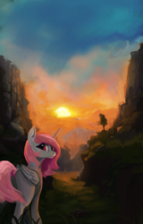Size: 1600x2500 | Tagged: dead source, safe, artist:hierozaki, character:princess celestia, fanfic:the stranger and her friend, canyon, fanfic, fanfic art, female, pink-mane celestia, solo, sun, younger