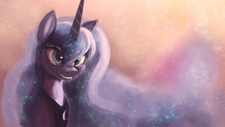 Size: 1920x1080 | Tagged: dead source, safe, artist:hierozaki, character:princess luna, species:pony, bedroom eyes, bust, female, glowing mane, grin, looking at you, mare, smiling, solo, wallpaper