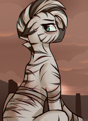 Size: 1024x1408 | Tagged: safe, artist:whitepone, oc, oc only, oc:xenith, species:pony, species:zebra, fallout equestria, bandage, chromatic aberration, fanfic, fanfic art, female, looking back, mare, sitting, solo, zebra oc
