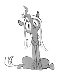 Size: 872x1024 | Tagged: safe, artist:imalou, character:queen chrysalis, species:changeling, species:pony, changeling queen, cute, cute little fangs, cutealis, fangs, female, grayscale, looking at you, mare, monochrome, simple background, sitting, slit eyes, solo, white background
