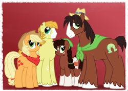 Size: 1060x753 | Tagged: safe, artist:faith-wolff, character:applejack, character:trouble shoes, oc, oc:crispin cider, oc:honeycrisp apple, parent:applejack, parent:trouble shoes, parents:troublejack, faithverse, blaze (coat marking), clothing, family photo, female, haircut, male, next generation, offspring, red background, scarf, shipping, simple background, socks (coat marking), star (coat marking), straight, torn ear, troublejack