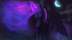 Size: 1920x1080 | Tagged: safe, artist:hierozaki, character:princess luna, species:alicorn, species:pony, crescent moon, crying, female, glowing mane, magic, moon, night, pretty, sad, solo, spread wings, windswept mane, wings