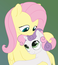 Size: 1767x2000 | Tagged: safe, artist:zippysqrl, character:fluttershy, character:sweetie belle, ship:flutterbelle, cute, diasweetes, eye contact, female, hug, lesbian, shipping, shyabetes, smiling