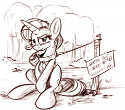 Size: 1280x1121 | Tagged: safe, artist:emberkaese, character:rarity, collar, grayscale, humiliation, leash, monochrome, pet tag, public humiliation, sign