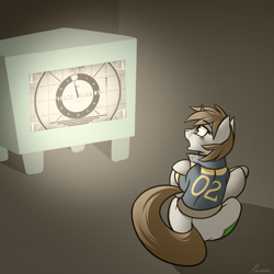 Size: 1280x1280 | Tagged: safe, artist:whitepone, oc, oc only, oc:littlepip, species:pony, species:unicorn, fallout equestria, clothing, fallout, fallout 4, fanfic, fanfic art, female, mare, please stand by, solo, television, vault suit