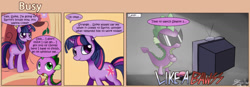 Size: 1400x489 | Tagged: safe, artist:solar-slash, character:spike, character:twilight sparkle, artifact, comic, like a boss, sunglasses, television