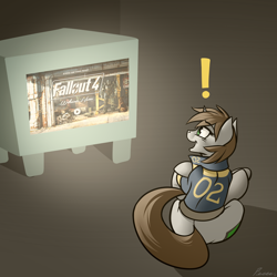 Size: 1280x1280 | Tagged: safe, artist:whitepone, oc, oc only, oc:littlepip, species:pony, species:unicorn, fallout equestria, clothing, crossover, exclamation point, fallout, fallout 4, fanfic, fanfic art, female, mare, solo, television, vault suit