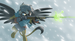 Size: 3100x1700 | Tagged: safe, artist:equestria-prevails, oc, oc only, oc:cassandra, species:griffon, armor, badass, chainmail, colt root revolver, griffon oc, gun, revolver, rifle, snow goggles, solo, weapon