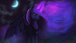 Size: 1920x1080 | Tagged: safe, artist:hierozaki, character:princess luna, species:alicorn, species:pony, cloud, crescent moon, crying, ethereal mane, eyes closed, eyeshadow, female, fog, frown, glowing horn, glowing mane, magic, makeup, mare, moon, night, pretty, sad, sky, solo, spread wings, starry night, stars, windswept mane, wings