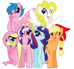 Size: 920x862 | Tagged: safe, artist:faith-wolff, character:applejack (g1), character:firefly, character:posey, character:sparkler (g1), character:surprise, g1, g1 six, g1 to g4, generation leap