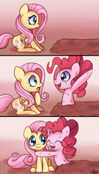 Size: 700x1224 | Tagged: safe, artist:solar-slash, character:fluttershy, character:pinkie pie, comic, cute, dirt, dirty, hug, surprised