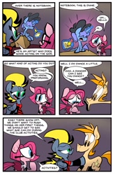 Size: 1265x1920 | Tagged: safe, artist:joeywaggoner, character:pinkie pie, oc, oc:notebook, oc:show off, oc:spotlight, episode:too many pinkie pies, g4, my little pony: friendship is magic, clothing, comic, diane, skirt, the clone that got away