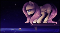 Size: 1600x899 | Tagged: safe, artist:imalou, character:fluttershy, fish, night, water