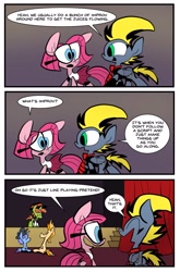 Size: 1265x1920 | Tagged: safe, artist:joeywaggoner, character:pinkie pie, oc, oc:center stage, oc:notebook, oc:show off, oc:spotlight, episode:too many pinkie pies, g4, my little pony: friendship is magic, clothing, comic, diane, skirt, the clone that got away