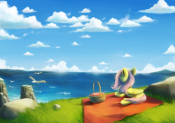 Size: 6615x4677 | Tagged: safe, artist:anticular, character:fluttershy, species:pegasus, species:pony, species:seagull, absurd resolution, basket, cloud, female, mare, ocean, picnic, picnic basket, picnic blanket, prone, smiling, solo