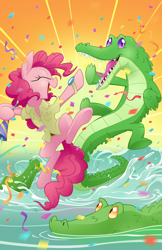 Size: 1650x2550 | Tagged: safe, artist:equestria-prevails, character:gummy, character:pinkie pie, species:earth pony, species:pony, alligator, clothing, confetti, eyes closed, female, jumping, mare, older, open mouth, shirt, smiling, water