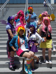 Size: 3456x4608 | Tagged: safe, artist:ladyanidraws, character:fluttershy, character:pinkie pie, character:rainbow dash, character:rarity, character:twilight sparkle, character:twilight sparkle (alicorn), species:alicorn, species:human, anime expo, clothing, cosplay, irl, irl human, photo, sailor scout, sailor uniform, skirt
