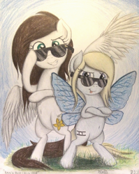 Size: 1072x1350 | Tagged: safe, artist:thefriendlyelephant, oc, oc only, oc:blue, oc:coconut cake, species:pegasus, species:pony, belly button, bipedal, butterfly pony, butterfly wings, duo, grass, smiling, sunglasses, tongue out, traditional art, wings