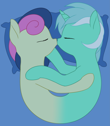 Size: 1675x1915 | Tagged: safe, artist:zippysqrl, character:bon bon, character:lyra heartstrings, character:sweetie drops, ship:lyrabon, episode:do princesses dream of magic sheep?, conjoined, eyes closed, female, fusion, it begins, kissing, lesbian, lyrabon (fusion), pillow, pushmi-pullyu, shipping, together forever, we have become one