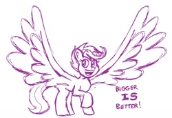 Size: 1050x720 | Tagged: safe, artist:scobionicle99, character:scootaloo, species:pegasus, species:pony, episode:do princesses dream of magic sheep?, big wings, female, monochrome, scootaloo can fly, sketch, solo
