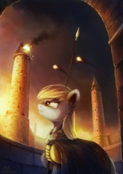 Size: 4677x6614 | Tagged: safe, artist:anticular, character:derpy hooves, species:pegasus, species:pony, absurd resolution, armor, badass, cape, clothing, epic derpy, explosion, female, fight, fire, fireball, general derpy, mare, serious, solo, spear, tower