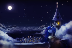 Size: 9000x6000 | Tagged: safe, artist:anticular, character:princess luna, species:alicorn, species:pony, absurd resolution, canterlot, cloak, clothing, female, full moon, mare, moon, mountain, night, night sky, scenery, sky, smiling, solo, standing, starry night, winter