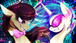 Size: 1920x1080 | Tagged: safe, artist:rariedash, character:dj pon-3, character:octavia melody, character:vinyl scratch, grin, smiling, smirk, wallpaper
