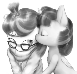 Size: 760x729 | Tagged: safe, artist:zippysqrl, character:moondancer, character:twilight sparkle, character:twilight sparkle (alicorn), species:alicorn, species:pony, ship:twidancer, clothing, cute, dancerbetes, eyes closed, female, fluffy, glasses, grayscale, kiss on the cheek, kissing, lesbian, mare, monochrome, shipping, smiling, sweater, twiabetes