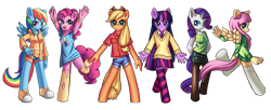 Size: 1892x773 | Tagged: safe, artist:mewball, character:applejack, character:fluttershy, character:pinkie pie, character:rainbow dash, character:rarity, character:twilight sparkle, species:anthro, species:earth pony, species:pegasus, species:pony, species:unguligrade anthro, species:unicorn, 2010s, 2012, apple, arms in the air, blonde mane, blue eyes, blue fur, blue wings, butterfly, clothing, compression shorts, cowboy hat, cowgirl, denim shorts, diamonds, female, food, green eyes, hand on hip, happy, hat, high socks, horn, mane six, multicolored hair, open mouth, pantyhose, pink eyes, pink fur, pink mane, pink tail, ponytail, purple eyes, purple fur, purple mane, purple tail, rainbow hair, rainbow tail, serious, shoes, shorts, simple background, skirt, smiling, sneakers, sweater, sweatershy, t-shirt, tail, tank top, tights, transparent background, wings, yellow fur