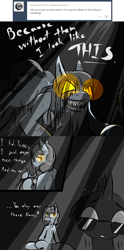 Size: 796x1608 | Tagged: safe, artist:cantershirecommons, oc, oc only, oc:mistguard, species:changeling, species:kelpie, anonling, fangs, glowing eyes, looking back, mistguards-burrow, scared, scary