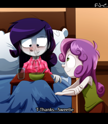 Size: 782x900 | Tagged: safe, artist:fj-c, character:rarity, character:sweetie belle, my little pony:equestria girls, breakfast in bed, burned, caring for the sick, clothing, cold, pajamas, sick, sisters