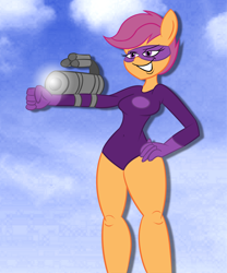 Size: 2490x3000 | Tagged: safe, artist:kaixxxcorner, artist:scobionicle99, character:scootaloo, species:anthro, species:pegasus, species:pony, arm cannon, domino mask, female, mask, solo, spandex, super scoots, weapon