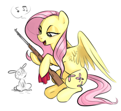 Size: 1280x1170 | Tagged: safe, artist:asadama, artist:imalou, character:angel bunny, character:fluttershy, gun, music notes, ponies with guns, rifle