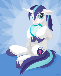 Size: 1280x1600 | Tagged: safe, artist:hoverrover, character:shining armor, species:pony, species:unicorn, blushing, colored hooves, crystal heart, cute, cutie mark, ear fluff, floppy ears, hoof fluff, hooves, horn, lineless, looking at you, male, mirror, shining adorable, sitting, solo, stallion, unshorn fetlocks