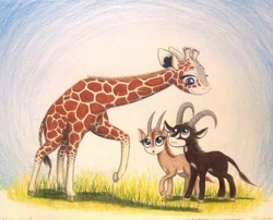 Size: 994x803 | Tagged: safe, artist:thefriendlyelephant, oc, oc only, oc:sabe, oc:uganda, oc:zeka, africa, animal in mlp form, antelope, cloven hooves, giant sable antelope, giraffe, grass, horns, long legs, long neck, non-pony oc, traditional art, trio
