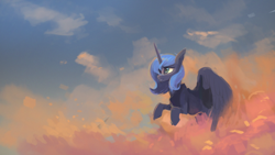 Size: 1280x720 | Tagged: dead source, safe, artist:hierozaki, character:princess luna, cloud, cloudy, female, flying, solo