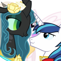 Size: 1024x1024 | Tagged: safe, artist:dtkraus, character:princess celestia, character:queen chrysalis, character:shining armor, ship:shining chrysalis, episode:a canterlot wedding, g4, my little pony: friendship is magic, alternate hairstyle, bedroom eyes, eye contact, female, male, marriage, role reversal, shipping, simple background, smiling, straight, transparent, transparent background, wedding