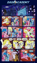 Size: 1248x2112 | Tagged: safe, artist:sorcerushorserus, character:derpy hooves, character:firefly, character:gilda, character:rainbow dash, character:surprise, species:griffon, species:pegasus, species:pony, comic:dash academy, g1, bed, city, cityscape, comic, female, fillydelphia, hotel, mare, nervous, saddle bag, semi-grimdark series, suggestive series