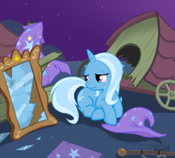 Size: 960x867 | Tagged: safe, artist:theparagon, character:trixie, species:pony, species:unicorn, cape, caravan, cart, clothing, crying, female, floppy ears, frown, hat, mare, mirror, prone, sad, shattered glass, solo, trixie's cape, trixie's hat, trixie's wagon, wagon